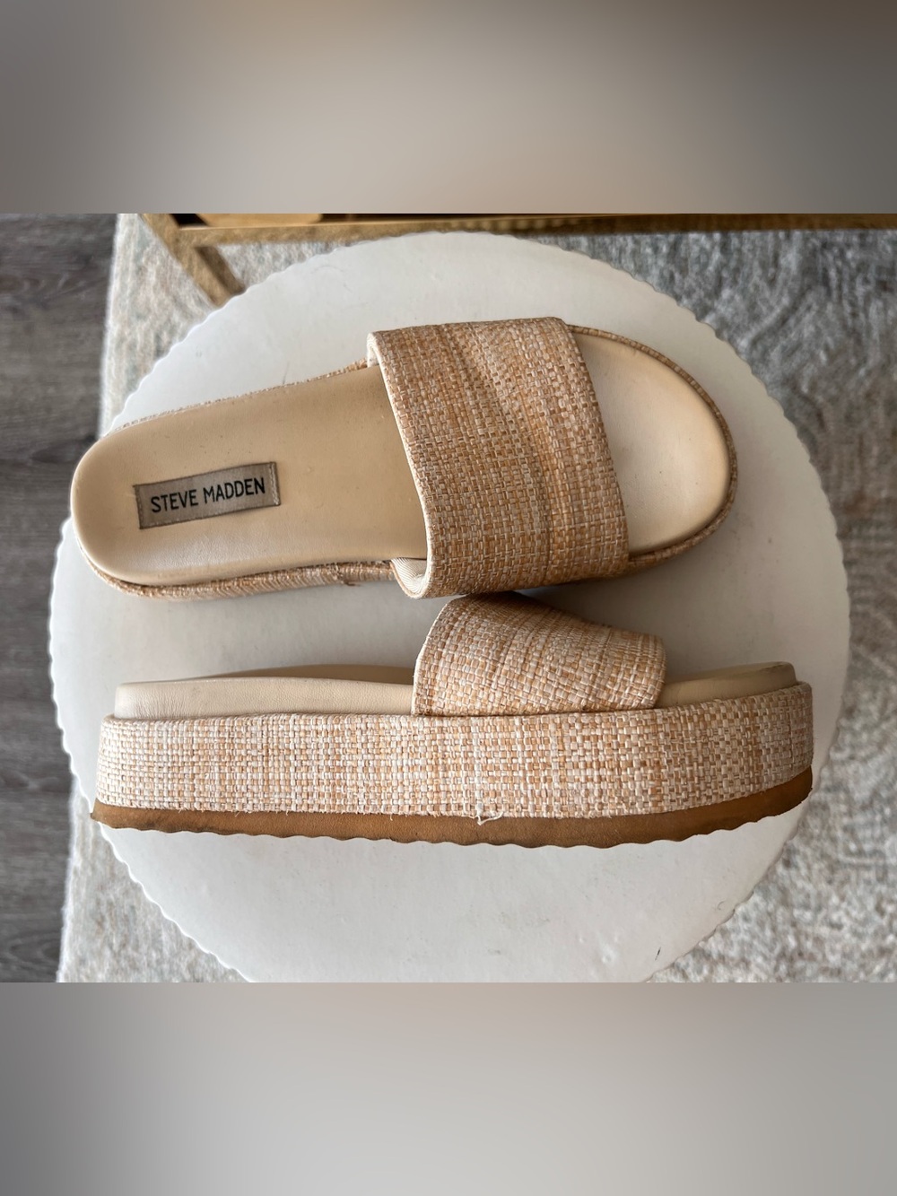 Steve Madden Beige Woven Platform Slide Sandals